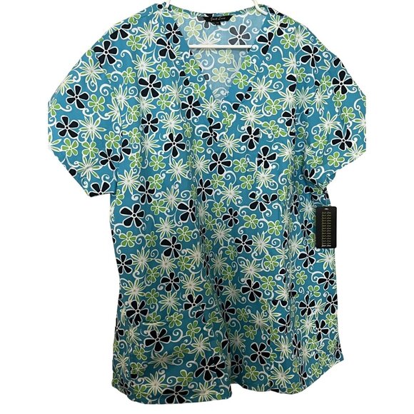 Just Love Tops - Just Love Green & Blue Floral Women's 2XL Cotton-Polyester Blend  Scrub Top NWT
